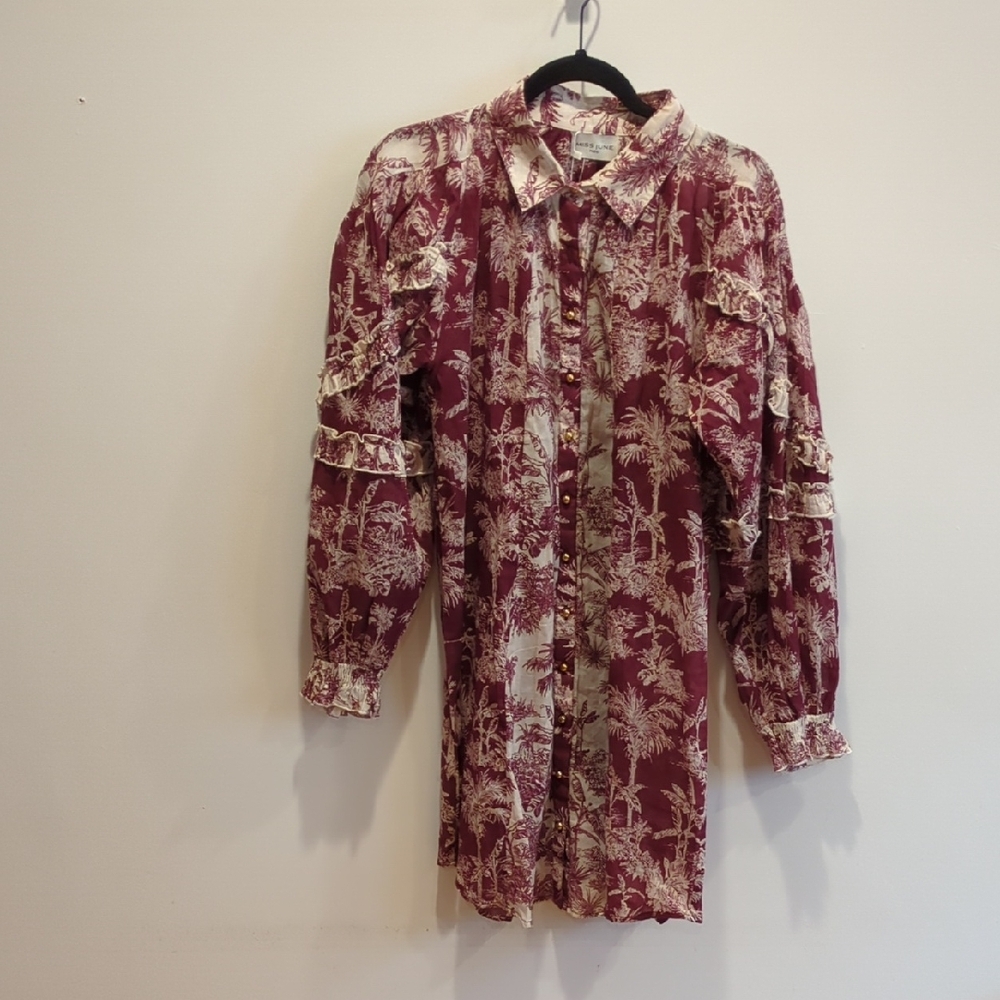 Miss June Cotton Boho Paris Toile Ruffle Sleeve Mini Dress Burgundy Red Boho NWT - Picture 2 of 12